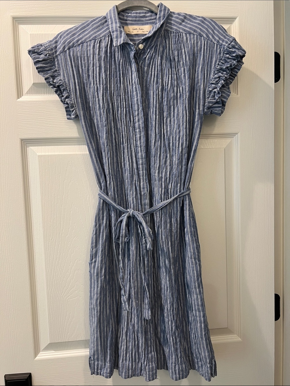 Anthropologie Blue and White Striped Midi Tie-Waist Dress
